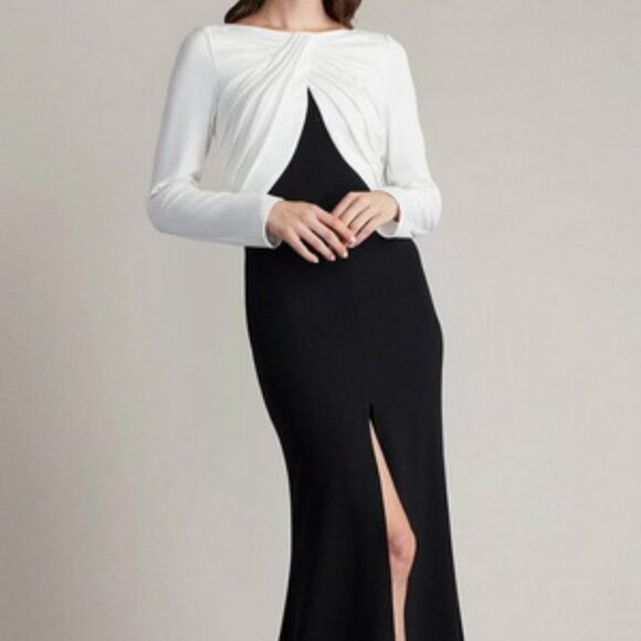 Tadashi Shoji Black Ivory Nelson Bateau Long-Sleeve Crepe Sheath Gown - Picture 1 of 6